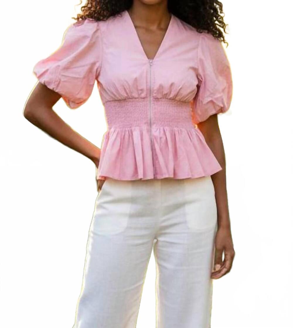 NEW SHE + SKY puff sleeve smocking front zipper woven top in pink